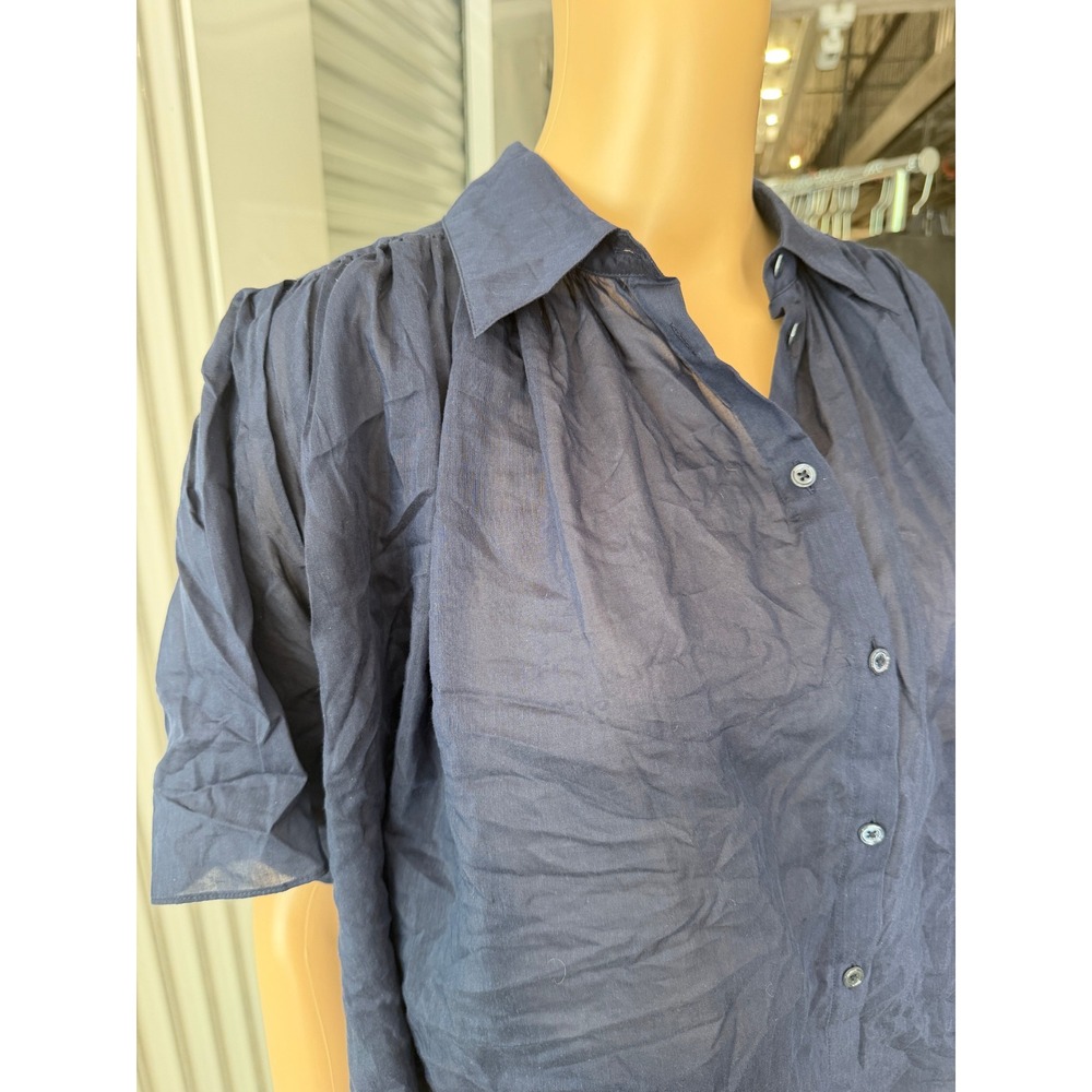 QUINCE Navy Blue Silk Cotton Blend Short Sleeve Button Up Blouse Top Small - Picture 3 of 8